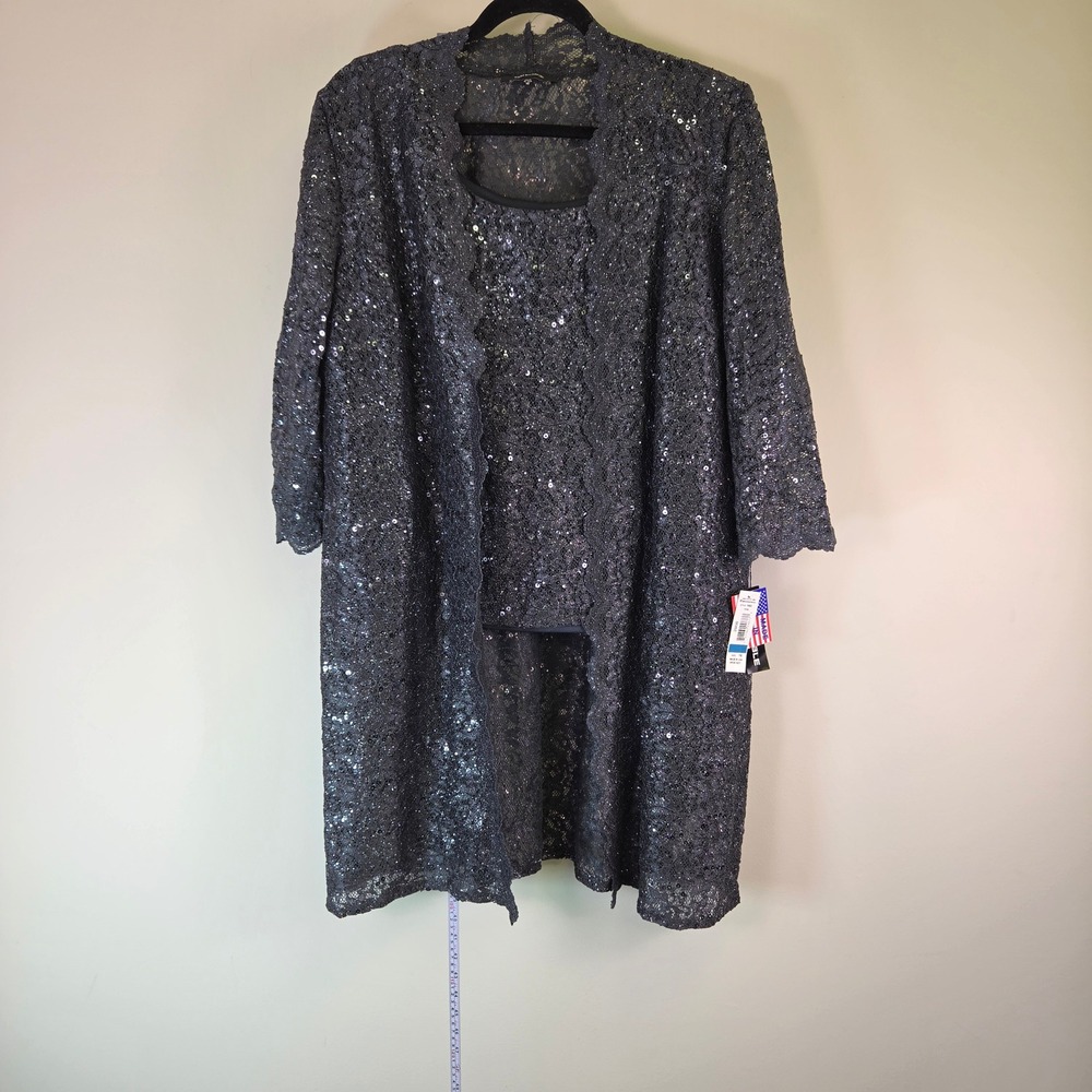 R&M Richards Womens Size 16 Grey Sequin Lace 2 Piece Jacket Top Pants Set NEW